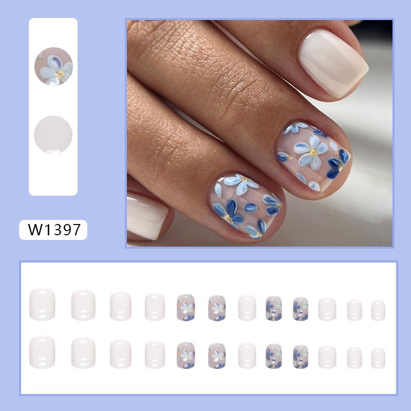 S84 Milky Blue Flower Fantasia High-end Press on Nails