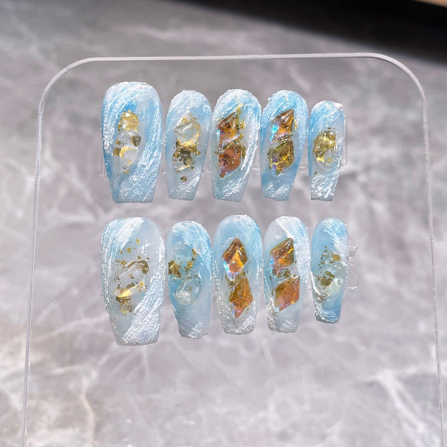 H34 Blue Haze Aurora Gems High-end Press on Nails