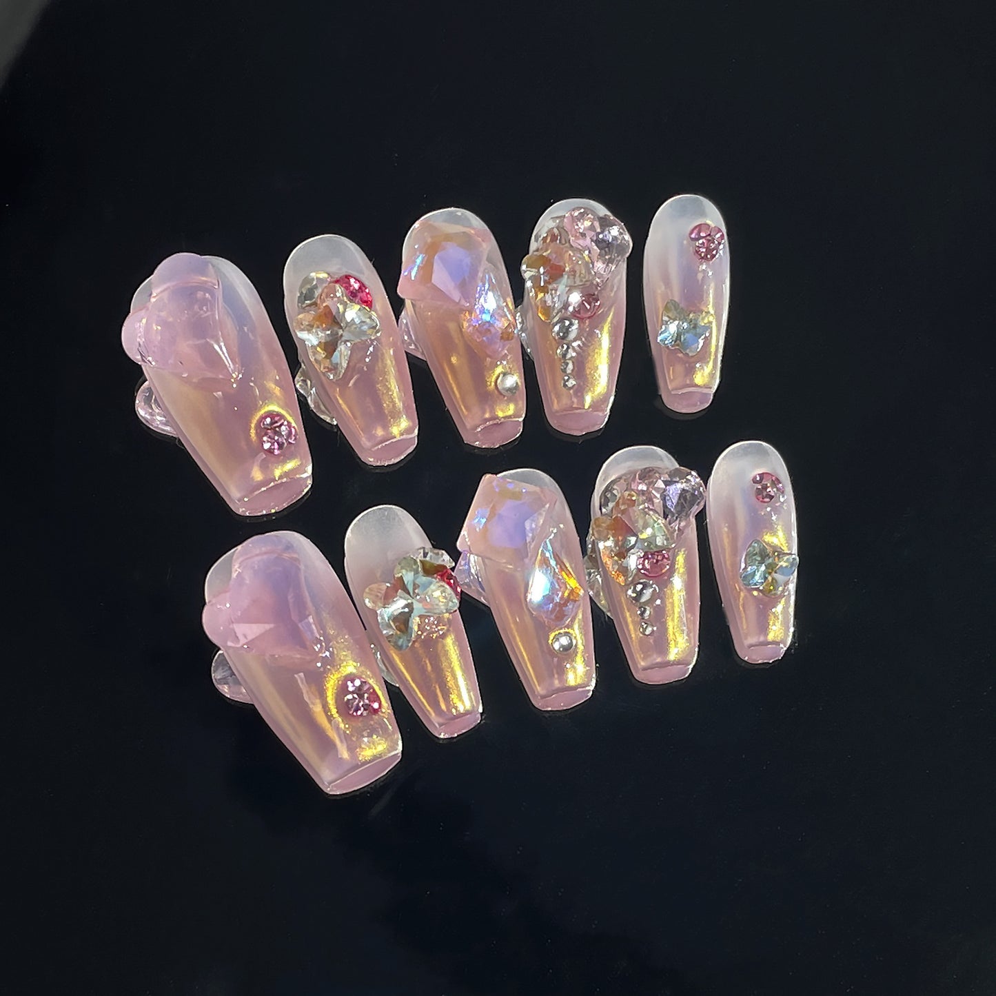 H43 Heartfelt French Tips with Gems High-end Press on Nails