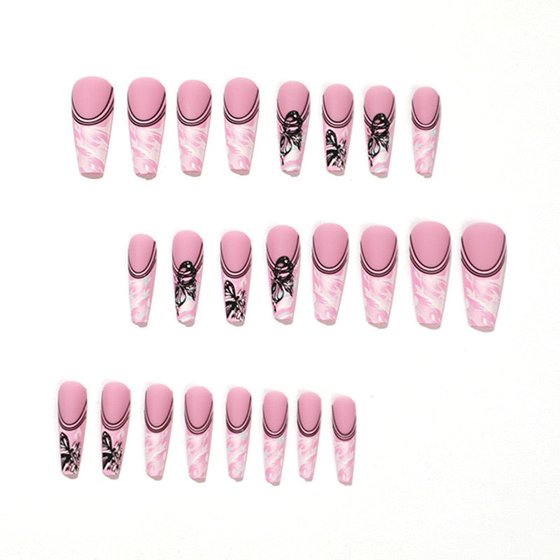 L20 Black Pink Butterfly Dance High-end Press on Nails