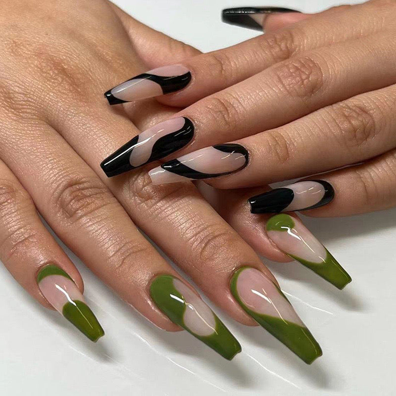 L63 Emerald Shadows Black Waves High-end Press on Nails