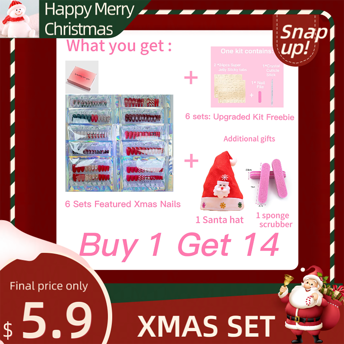 【MERRY CHRISTMAS BOX】6 Reusable Press on Nails + 6 Nail Kits + 1 Additional Spong Scrubber + 1 Lovely Santa Hat