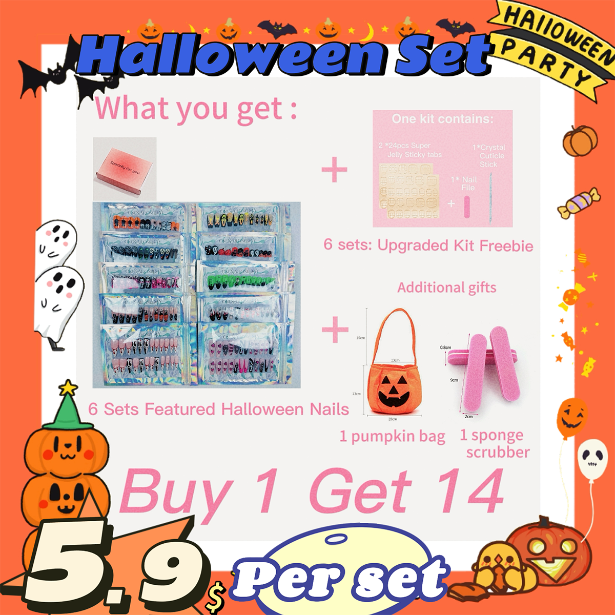 【HALLOWEEN BOX】6 Reusable Ppress on Nails + 6 Nail Kits + 1 Additional Sponge Scrubber + 1 Pumpkin Candy Tote Bag