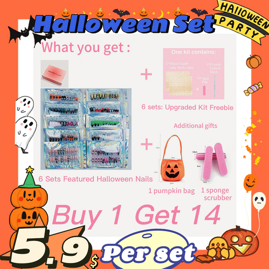 【HALLOWEEN BOX】6 Reusable Ppress on Nails + 6 Nail Kits + 1 Additional Sponge Scrubber + 1 Pumpkin Candy Tote Bag