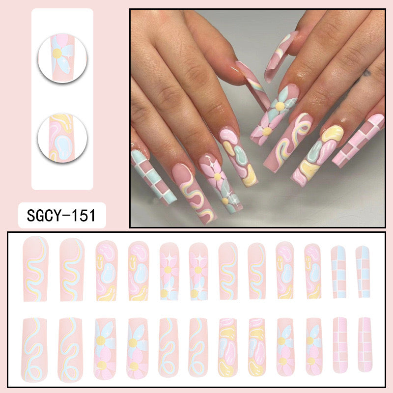 XL34Playful Doodle Blossoms High-end Press on Nails