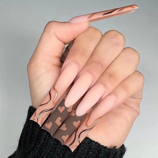 XL06 Brown Ripple Hearts High-end Press on Nails