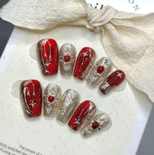 H4 Red Bokhara Ru High-end Press on Nails