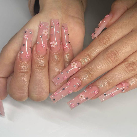 XL20 Floral Blush Diamonds High-end Press on Nails