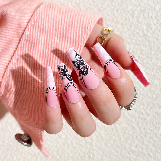 L20 Black Pink Butterfly Dance High-end Press on Nails